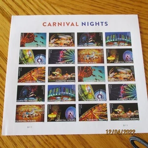Hoja de 20 estampillas postales de Carnival Nights USPS PARA SIEMPRE como nuevas nunca montadas - Imagen 1 de 3