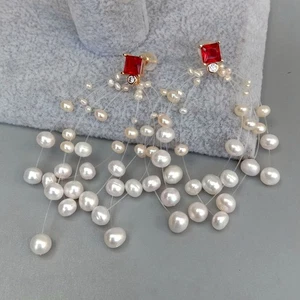 Illusion Cultured White Rice Pearl Red Cz Stud Earrings - Picture 1 of 5