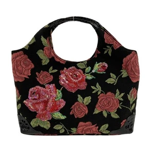 Auth ThinkBee - Black Red Green Jacquard Handbag - Picture 1 of 10