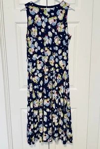 Abito midi Ralph Lauren etichetta nera floreale blu navy senza maniche elasticizzato taglia 14 EE31 - Foto 1 di 15