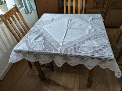 Art Deco White Cotton Tea Table Cloth with deep cotton lace edging with poem - Image 1 of 4