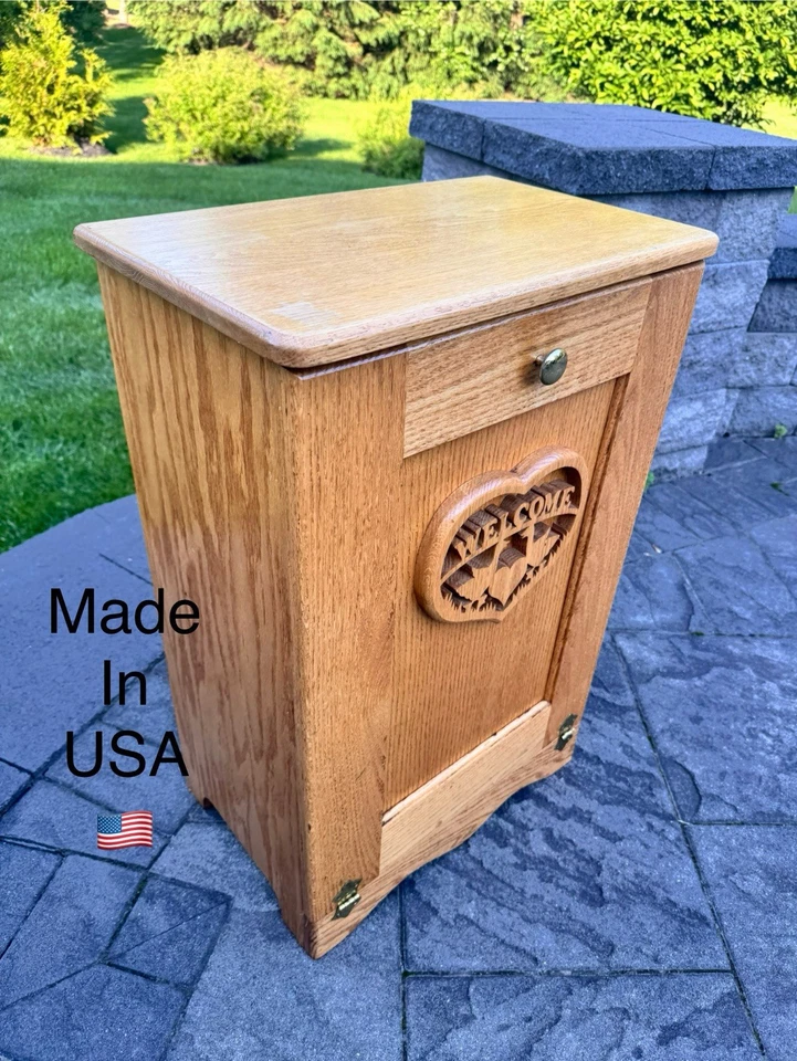 VTG Large Solid Oak Wood Hand Carved Laundry Hamper /Waste Bin H30.5xW20xD12.5” - Image 1 of 4