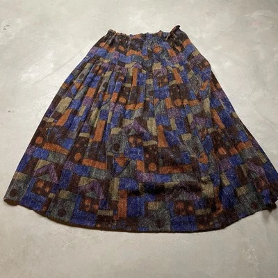 Vintage 60s 70s Wool Skirt Polish Abstract Midi Elastic Waist Pleated S - Image 1 of 4