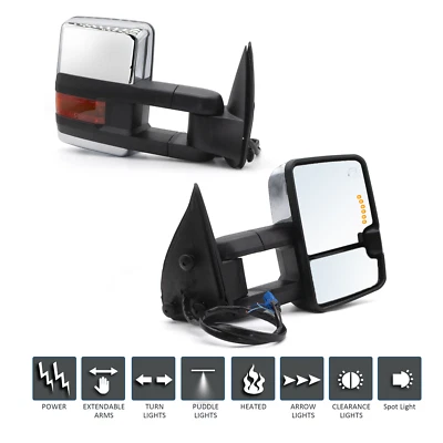 Espelhos de reboque LH RH compatíveis com 2004-2006 Chevy Suburban 1500 potência sinal aquecido cromado - Imagem 1 de 4