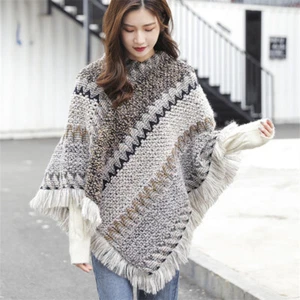 Women Bohemian Knit Poncho Check Batwing Tassels Shawl Cape Sweater Cloak Fringe - Picture 1 of 6