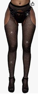 High Waist Sparkle Rhinestone Bling Fishnet Pantyhose, Crotchless. 2 Pair. - Picture 1 of 3