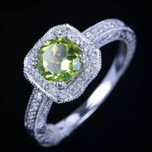 Anello di fidanzamento placcato oro 14 kt placcato peridoto naturale tondo 2,35 ct e diamante coltivato in laboratorio - Foto 1 di 4