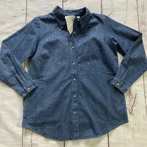 Quacker Factory Women’s XS Chambray Button Rhinestone Embellished Stretch NWT - Picture 1 of 9