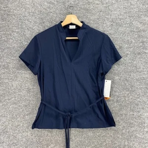 New John Roberts Blouse Women 14P Petite Blue Collared Short Sleeve Tasseled - Picture 1 of 11