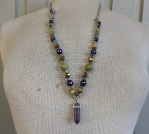 Amethyst Double Terminated Stone Point Adjustable Hemp Necklace Jade Tigers Eye - Picture 1 of 10