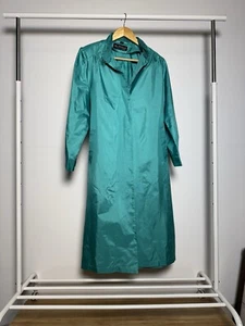 VTG 1980s Metallic Emerald Green Rain Trench Coat by Alorna - Size 9/10 Petite - Picture 1 of 6