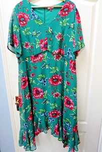Joe Browns Poppy Print Ladies Midi Dress Size 20 Green Red Floral Plus Occasion - Picture 1 of 5