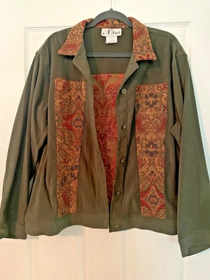N Touch women's Vintage Jacket 1x micro suede olive green tapestry accent boho - Image 1 of 4