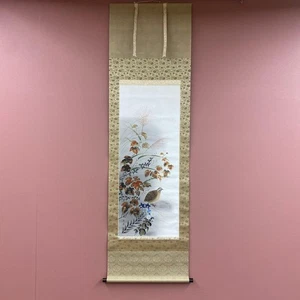 Quadro dipinto arte asiatica Kakejiku giapponese quaglia erba autunno - Foto 1 di 10