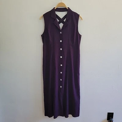 Maxi Vestido R K Originals Vintage 12 Púrpura Mezcla de Lino Largo Sin Mangas Abotonable Foto 1 de 4