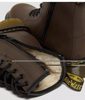 DR. MARTENS JUNIOR 1460 FAUX FUR LINED LACE UP BOOTS BROWN LEATHER Size 3 or 4  - Image 1 of 4