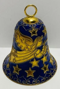 Vintage Cloisonne Enamel Angel Stars Bell Christmas Ornament 3" Blue Gold - Picture 1 of 8