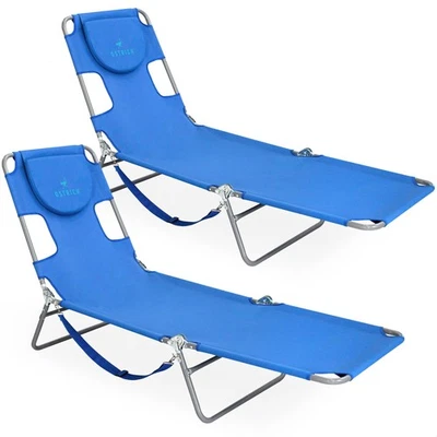 2-Pack Beach Lounge Chair, Folding & Reclining Outdoor Chaise Lounger, Blue -... - Image 1 of 4