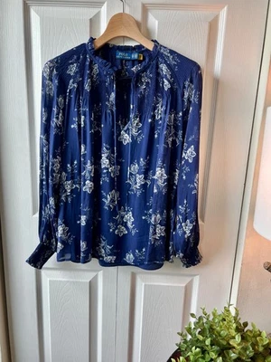  Blusa Ralph Lauren Azul Marino y Blanco Floral Manga Larga Volantes Cuello y Camisola XS Foto 1 de 4
