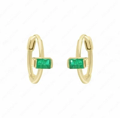 14k Gold Genuine Baguette Cut Emerald Dainty Huggie Hoop May Birthstone Earrings - Image 1 of 4