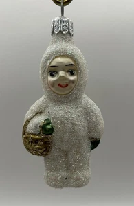 Sugared Snow Baby With Basket Blown Glass Glitter Ornament 3.5”Hx1.75”Wx1”L - Picture 1 of 7