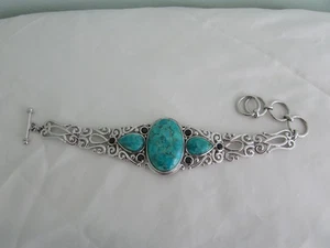 STERLING SILVER FILIGREE TURQUOISE GARNET BRACELET - Picture 1 of 3