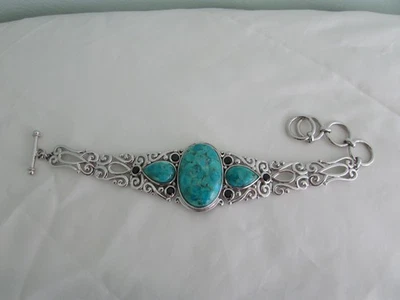 STERLING SILVER FILIGREE TURQUOISE GARNET BRACELET - Image 1 of 3