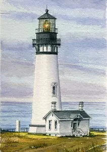 Faro de cabeza Yaquina, Newport Oregon. Impresiones artísticas en acuarela de Gerald Hill - Imagen 1 de 2