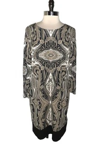 NEW MICHAEL KORS Size 14 Shift Dress Black Beige White Paisley Long Sleeve - Picture 1 of 6