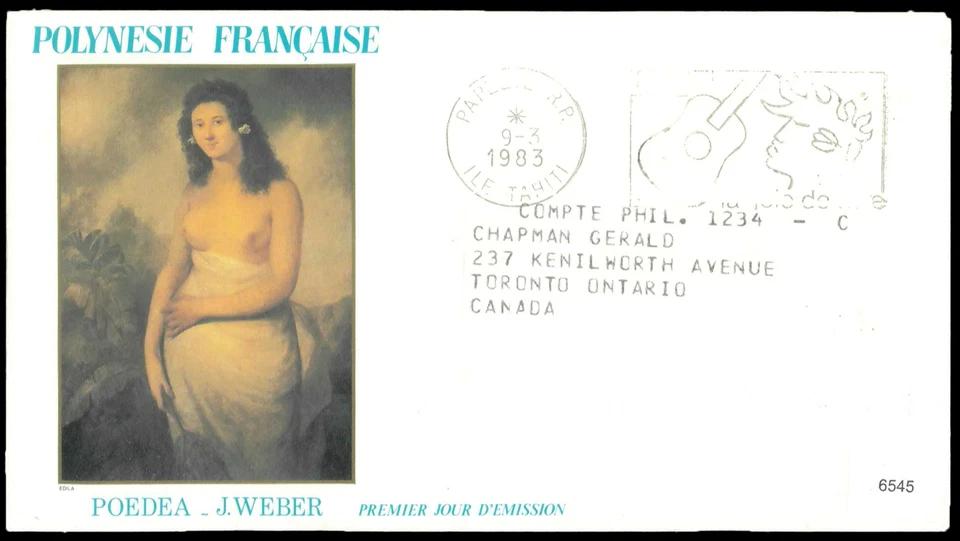 SAVOYSTAMPS-FRENCH POLYNESIA-1983-FDC WITH COLORFUL CACHE FROM TAHITI TO CANADA - Image 1 of 1