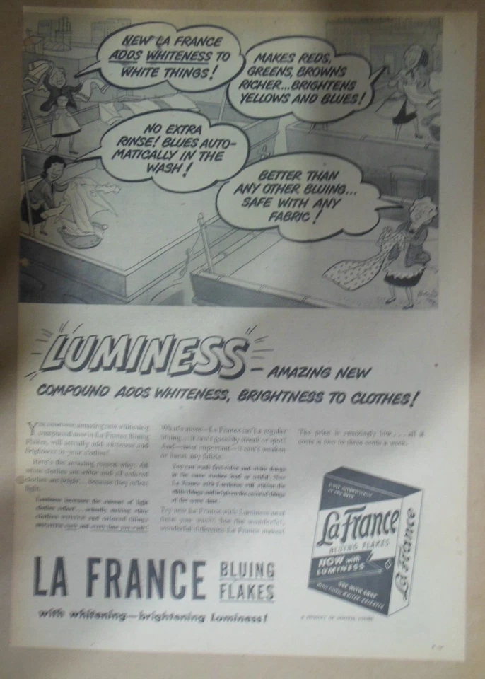 Anuncio La France Blue Flakes: Añadir blancura a la ropa años 40 Tamaño: 11 x 15 pulgadas Foto 1 de 1