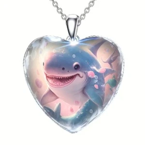 Cute Shark Ocean Animal Detail Heart shaped Pendant Necklace Boys & Girls - Picture 1 of 5