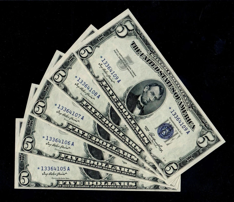 1Pcs ⭐️$5 1953 Blue Seal Silver Certificate STAR GEM UNC Free Shipping (B144) - Image 1 of 2