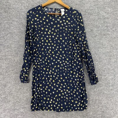 H&M Dress Women 4 Blue Floral Shift Short Hook & Eye Long Sleeve Round Neck - Image 1 of 4
