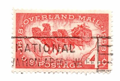 Estampilla postal de 4 centavos de Estados Unidos Overland Mail caballo y vagón 1958 Scott 1120 usada (a1) Foto 1 de 2