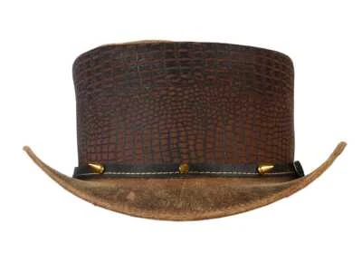 Brown Reptile Leather Steampunk Top Hat Distressed Brim & Brass Studs - Image 1 of 3