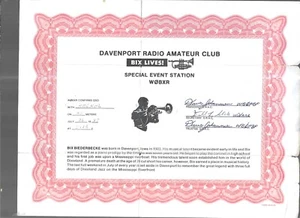 DAVENPORT RADIOAFICIONADOS CLUB ""BIX LIVES"" CERTIFICADO DE EVENTO ESPECIAL 1937 - Imagen 1 de 1
