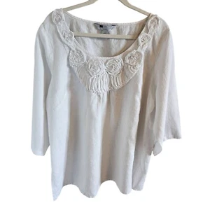 Carole Little Woman Gr. 2X 100% Leinen Tunika Bluse mit 3D Blumen Akzent Designer - Bild 1 von 7
