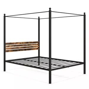 4 Post Canopy Queen Size Metal Bed Frame Slatted Headboard w/ Under Bed Storage - Picture 1 of 11