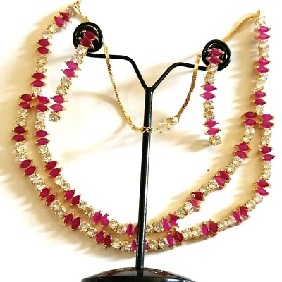 Conjunto de joyería collar chapado en oro de 2 capas piedra ovalada rosa rubí circonita cúbica blanca india Foto 1 de 4