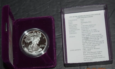 AMERICAN EAGLE 1993 SILVER PROOF COIN, "P" Brand New/Sealed in the Original Box - Image 1 of 4