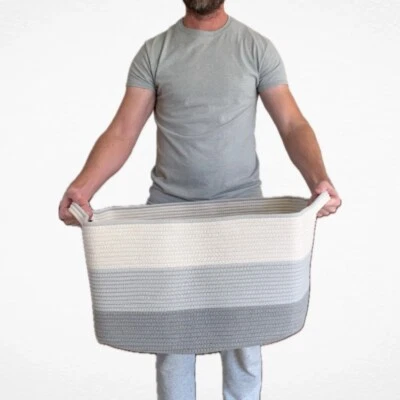Large gray & white cotton rope basket, blanket basket, storage basket, laundry - Image 1 of 4