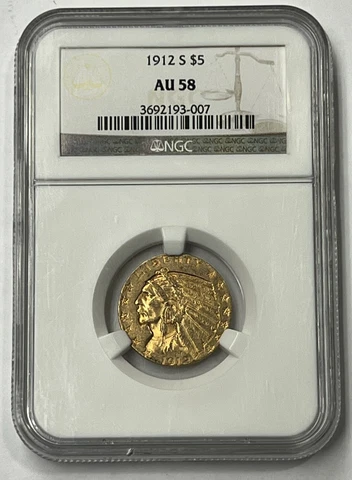 1912-S $5 Indian Head Half Eagle NGC AU58 Flashy and Bold Low Mintage 392,000 Cover