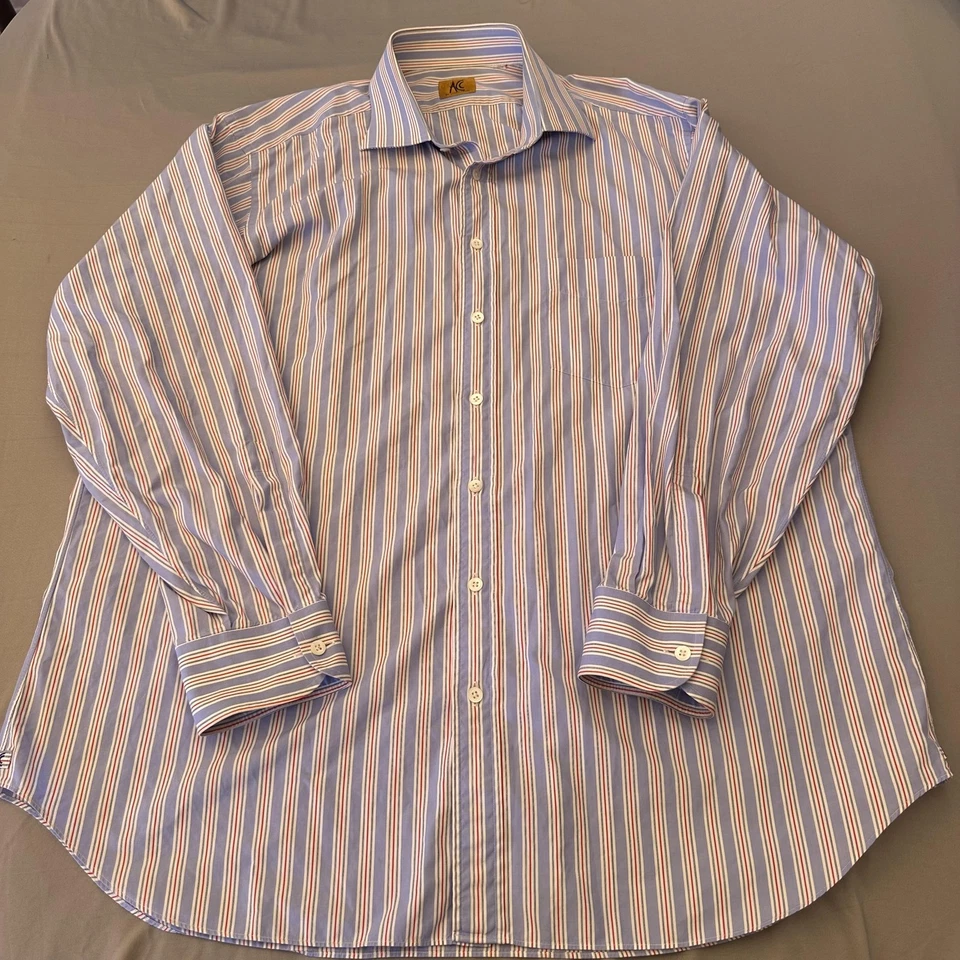 AC by Ascot Chang Shirt Mens Fits 2XL Blue White Red Stripe Dress Pocket - Image 1 of 4