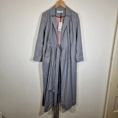 The Fold London Trench Coat Womens Small Blue White Belted Long Jacket - Image 1 of 4
