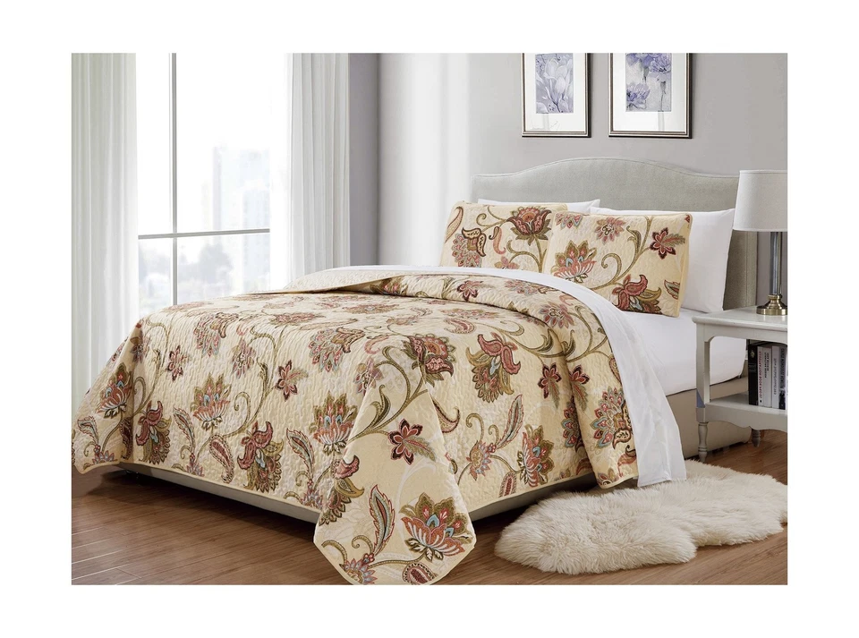 MK Home 3pc Full/Queen Bedspread Quilted Print Floral Beige Red Blu... Fast Ship - Image 1 of 1
