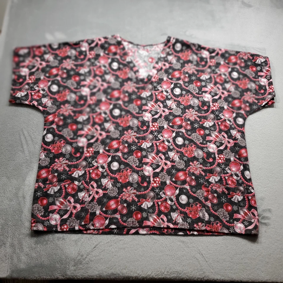 Handmade Vneck Scrub Top Christmas Decoration Theme Red White Silver Black Sz L - Image 1 of 4