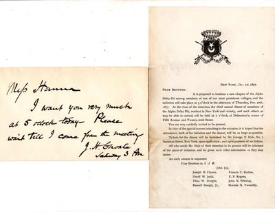 1877 Alpha Delta Phi New York Society Yale Invitation 1907 Autograph Note Choate - Image 1 of 4