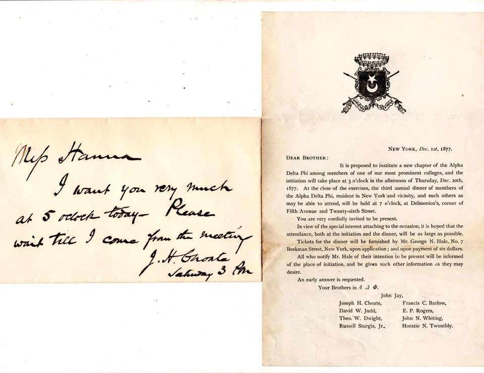 1877 Alpha Delta Phi New York Society Yale Invitation 1907 Autograph Note Choate - Image 1 of 4