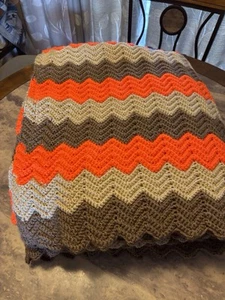 Crocheted Afghan Avocado Green Orange Cream Zig Zag 84” X 54” 70’s Vibe - Picture 1 of 4